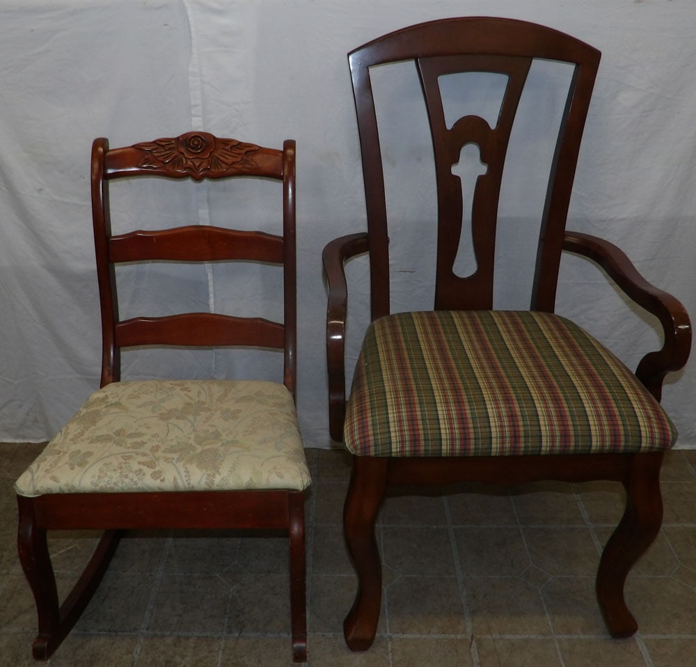 Mahogany Arm Chair & Mahogany Rocker: Mahogany Arm Chair & Mahogany Rocker . Up to 40" H 22 1/2" W 21" D ALL DESCRIPTIONS AND ANY CONDITION STATEMENT GIVEN BY LANGSTON AUCTION GALLERY ARE STRICTLY OPINIONS AND LANGSTON'S SHALL HAVE NO RES
