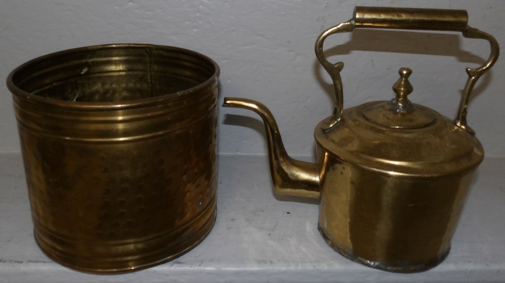 Brass Jardiniere & Brass Kettle: Brass Jardiniere & Brass Kettle . Up to 9" H 10 1/4" Dia. ALL DESCRIPTIONS AND ANY CONDITION STATEMENT GIVEN BY LANGSTON AUCTION GALLERY ARE STRICTLY OPINIONS AND LANGSTON'S SHALL HAVE NO RESPONSIBILI