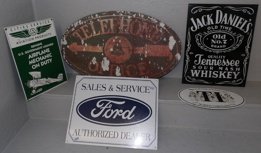 Lot of Painted Metal Signs: Lot of Painted Metal Signs . Up to 15" x 25" ALL DESCRIPTIONS AND ANY CONDITION STATEMENT GIVEN BY LANGSTON AUCTION GALLERY ARE STRICTLY OPINIONS AND LANGSTON'S SHALL HAVE NO RESPONSIBILITY FOR ERRORS