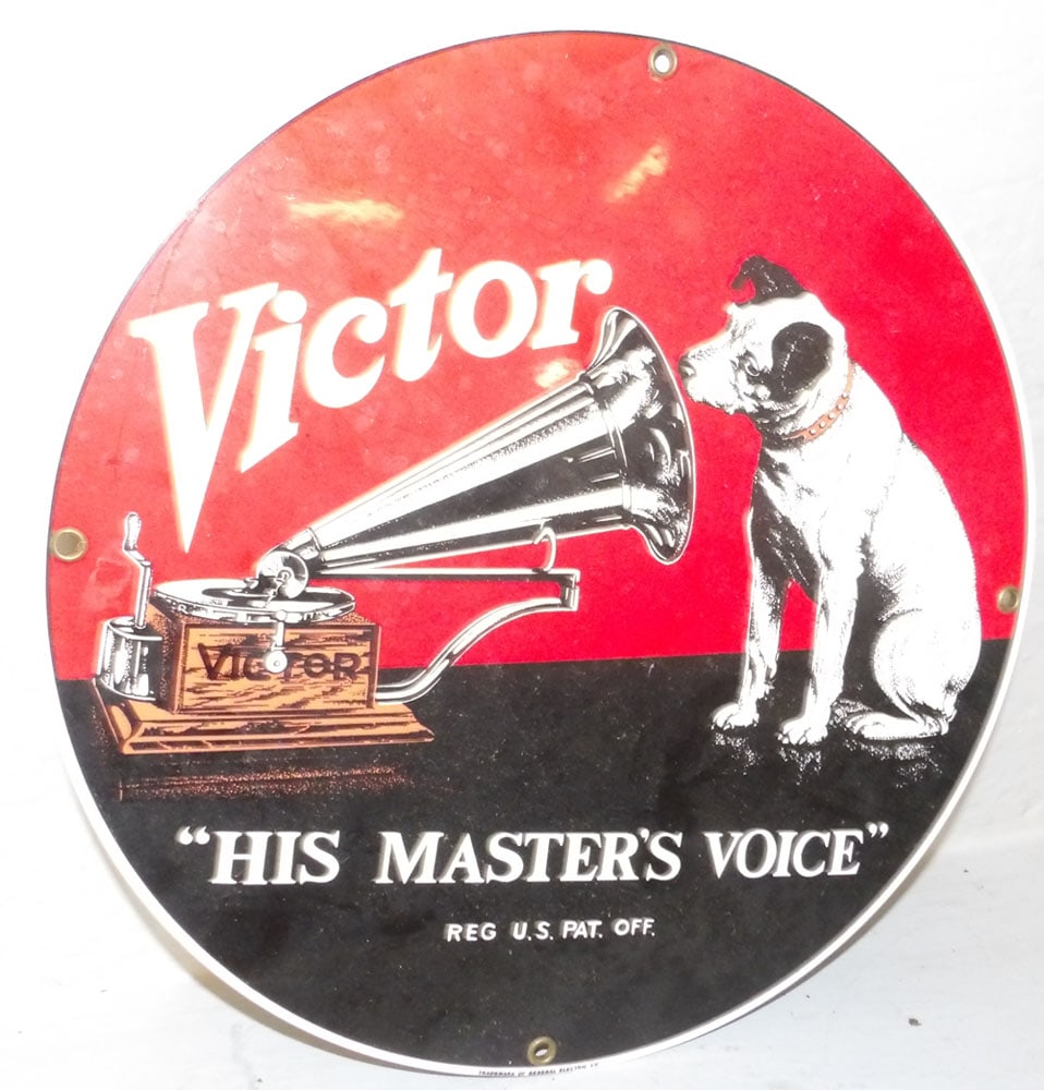 Painted Porcelain Enamel Victor Sign: Painted Porcelain Enamel Victor Sign. 11 1/4" Dia. ALL DESCRIPTIONS AND ANY CONDITION STATEMENT GIVEN BY LANGSTON AUCTION GALLERY ARE STRICTLY OPINIONS AND LANGSTON'S SHALL HAVE NO RESPONSIBILITY FOR 