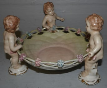 Painted Porcelain Cherub Open Work Bowl
