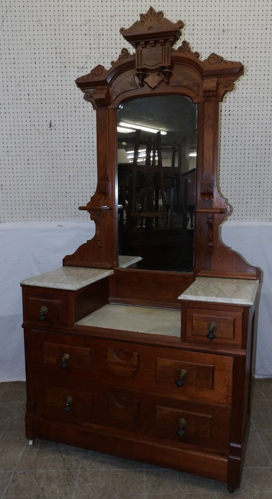 Walnut Victorian Marble Top Dresser: Walnut Victorian Marble Top Dresser. 83 1/2" H 43 1/2" W 17 1/2" D ALL DESCRIPTIONS AND ANY CONDITION STATEMENT GIVEN BY LANGSTON AUCTION GALLERY ARE STRICTLY OPINIONS AND LANGSTON'S SHALL HAVE NO RES