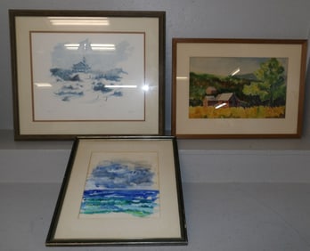 Two Framed Watercolors & One Framed Print