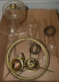 Lot of Glass Hurricane Shades & Oil Lamp