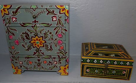 hand painted wood dresser box and hand painted jewelry chest