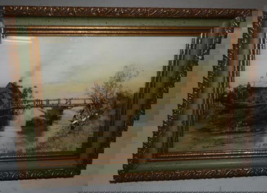 framed reversed print behind glass of bridge and lake
