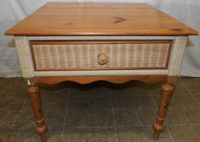 pine and wicker one drawer end table by Lexington