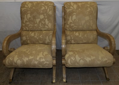 pair of painted wood and upholstered arm chairs with one ottoman