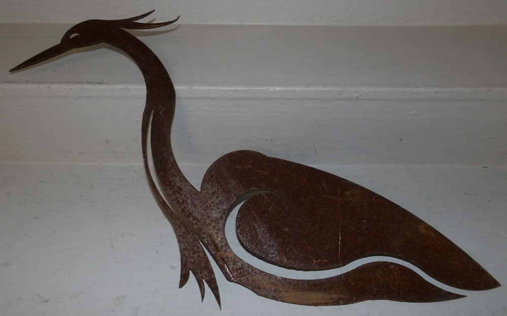 metal heron wall hanging: metal heron wall hanging . 15" H 28" W ALL DESCRIPTIONS AND ANY CONDITION STATEMENT GIVEN BY LANGSTON AUCTION GALLERY ARE STRICTLY OPINIONS AND LANGSTON'S SHALL HAVE NO RESPONSIBILITY FOR ERRORS OR OM