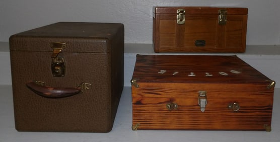 oak tool box, pine box, vintage suitcase, & two pairs of vintage skates