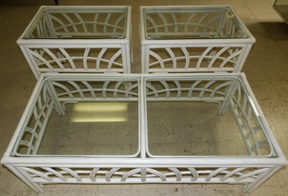 3 painted rattan glass top tables