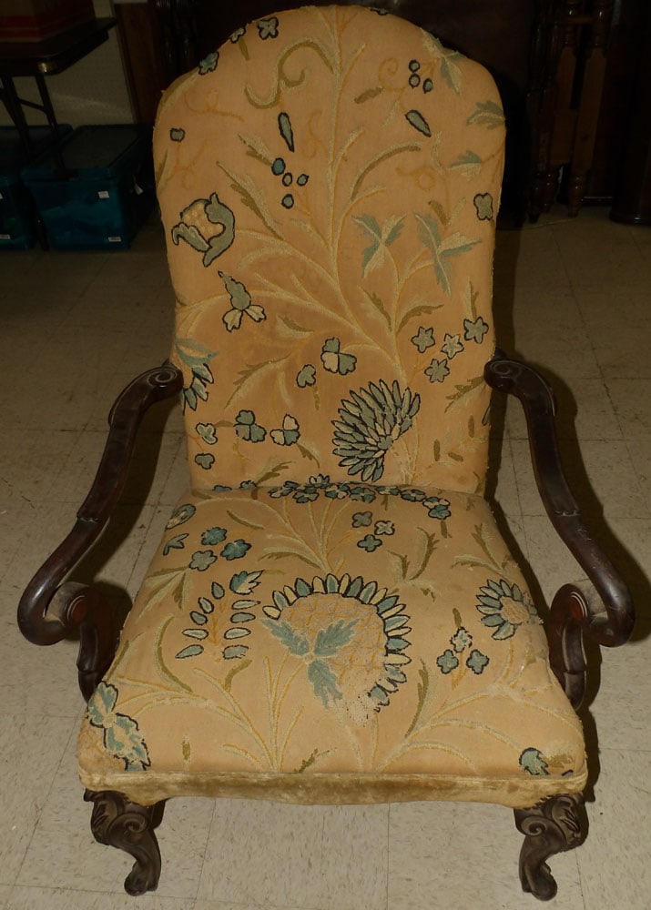 carved mahogany and crewel work upholstered arm chair (1 of 7)