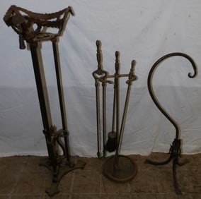 painted metal plant stand, fire tools, and metal stand