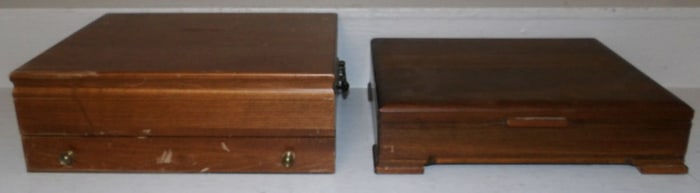 2 flatware boxes in walnut & cherry and some silver plated flatware