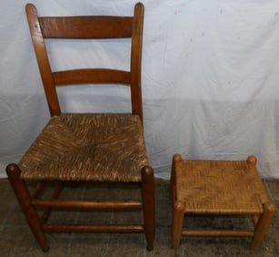 antique ladderback side chair and foot stool