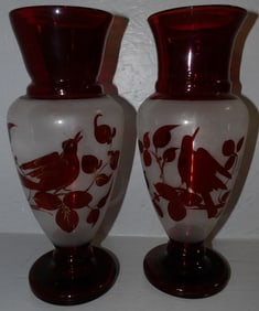 Pair of Bohemian Ruby & Frosted vases
