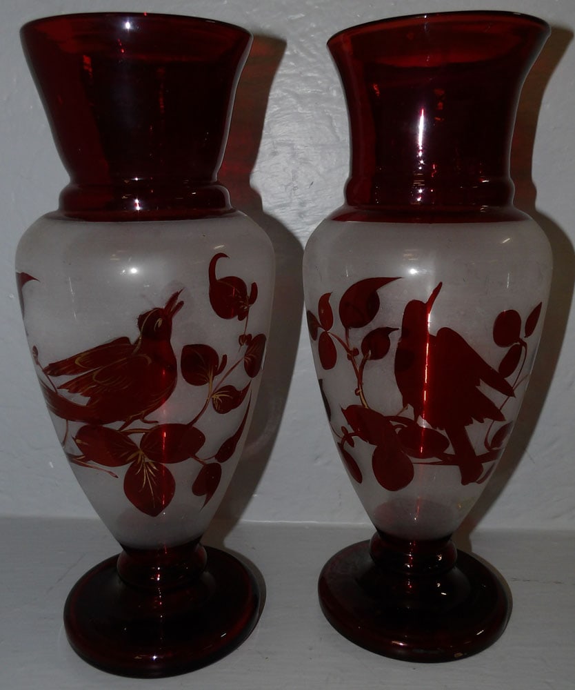 Pair of Bohemian Ruby & Frosted vases (1 of 3)