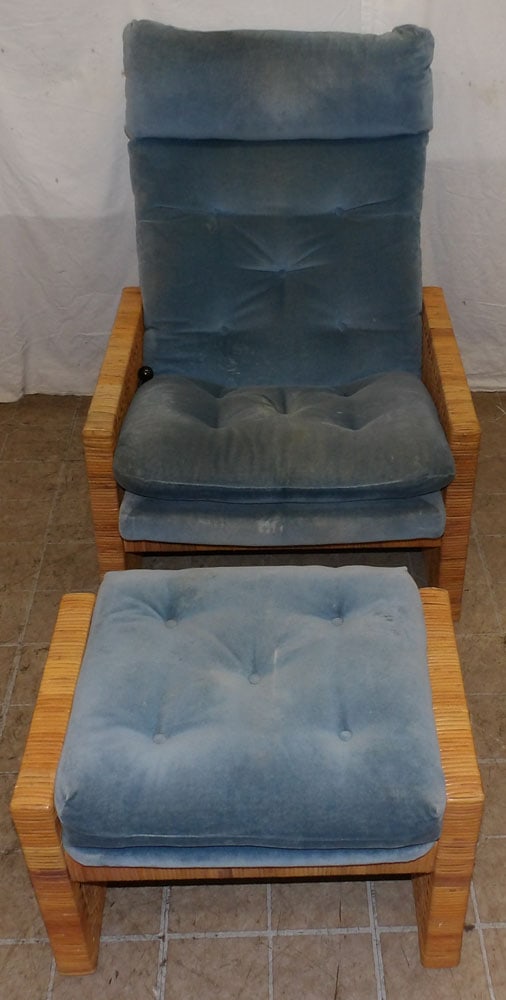 mid century modern wrapped rattan recliner chair and ottoman: mid century modern wrapped rattan recliner chair and ottoman . 36" H 26" W 32" D ALL DESCRIPTIONS AND ANY CONDITION STATEMENT GIVEN BY LANGSTON AUCTION GALLERY ARE STRICTLY OPINIONS AND LANGSTON'S SHA