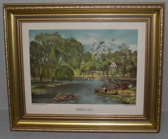Gilded Frame Currier & Ives Colored Print Entitled "Summer Lake"