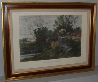 Large Framed Colored Engraving Entitled "The Old Mill Stream" by A.F. Bellows