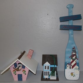 Two Painted Wood Bird Houses & Painted Wood Paddle
