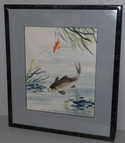 Framed Oriental Watercolor of Fish