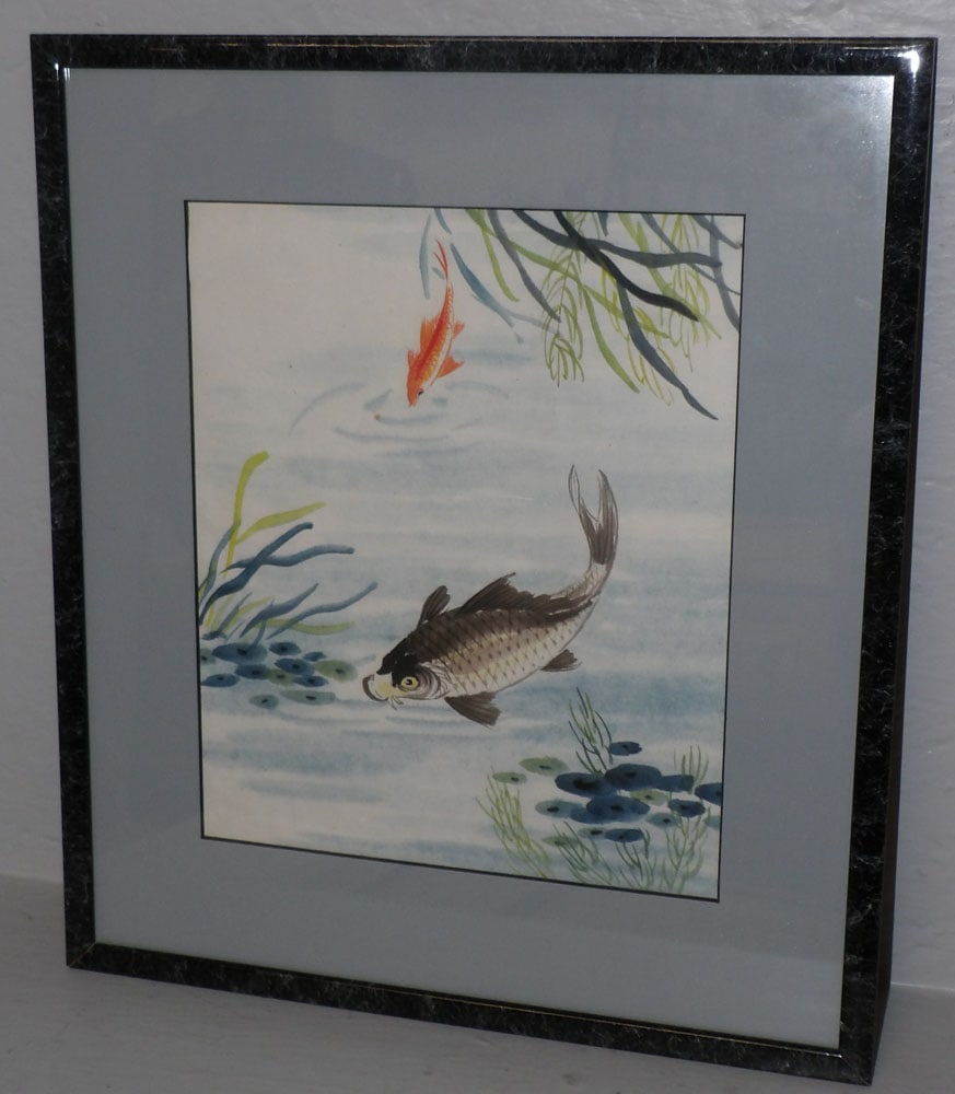 Framed Oriental Watercolor of Fish: Framed Oriental Watercolor of Fish . 16 3/4" x 14 1/2" ALL DESCRIPTIONS AND ANY CONDITION STATEMENT GIVEN BY LANGSTON AUCTION GALLERY ARE STRICTLY OPINIONS AND LANGSTON'S SHALL HAVE NO RESPONSIBILITY 