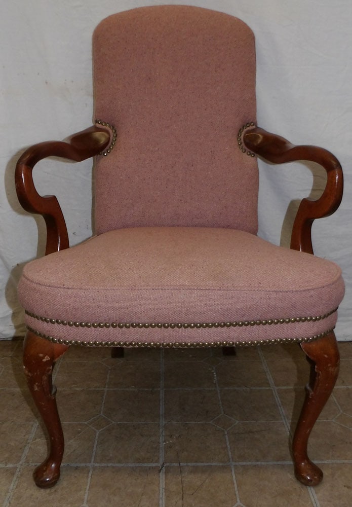 Mahogany & Upholstered Queen Anne Style Arm Chair: Mahogany & Upholstered Queen Anne Style Arm Chair . 37 1/2" H 25" W 24" D ALL DESCRIPTIONS AND ANY CONDITION STATEMENT GIVEN BY LANGSTON AUCTION GALLERY ARE STRICTLY OPINIONS AND LANGSTON'S SHALL HAVE