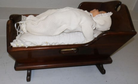 Walnut Doll Cradle & Vintage Doll