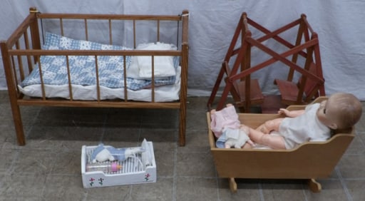 Doll Cradle with Dolls & Wooden Doll Swing