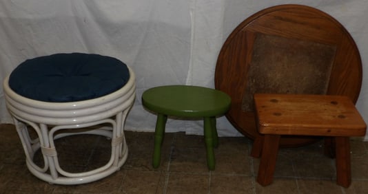 Painted Rattan Ottoman, Two Stools, & Lazy Susan