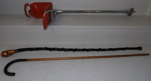 Two Wooden Canes & One Aluminum Walking Stick Seat