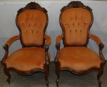 Pair of Antique Carved Walnut Victorian Arm Chairs