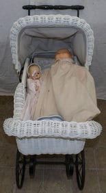 Antique Painted Wicker Doll Carriage with Dolls