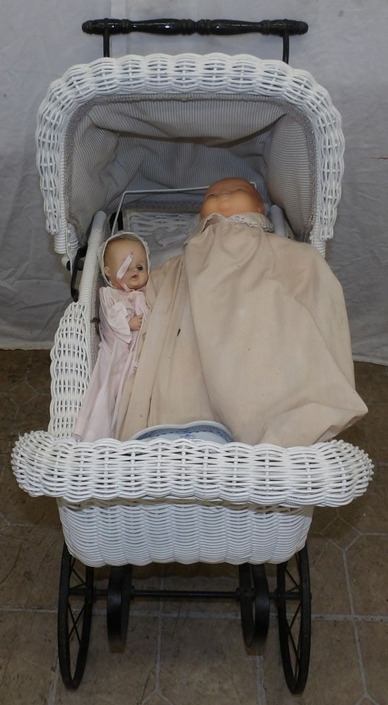 Antique Painted Wicker Doll Carriage with Dolls (1 of 6)