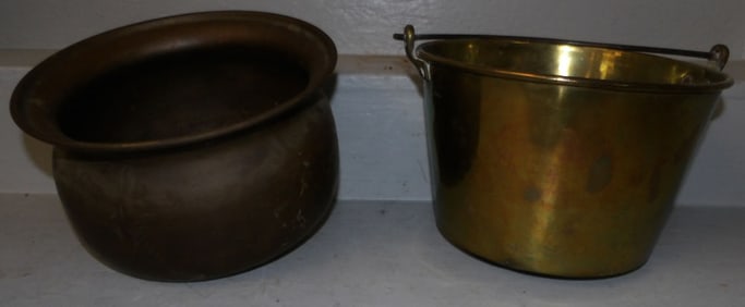 Antique Brass Bucket & Jardiniere, (One Foot Missing)