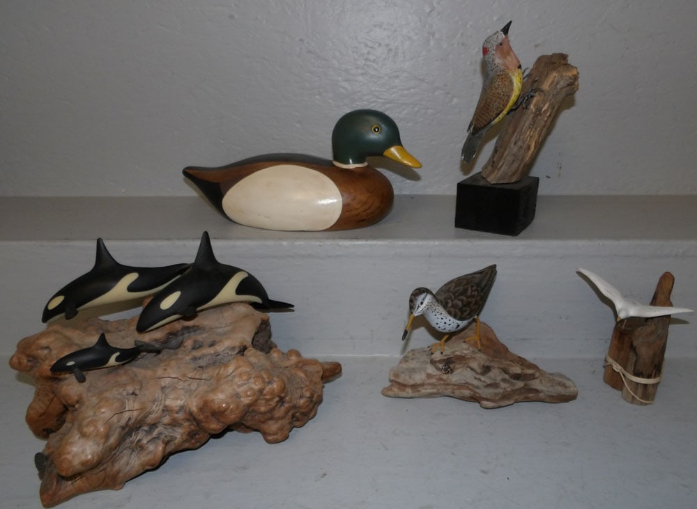 Lot of Carved Wood Birds, Duck Decoy, & Driftwood with Whale Figures by John Perry: Lot of Carved Wood Birds, Duck Decoy, & Driftwood with Whale Figures by John Perry. Up to 7" H 12" W 9" D ALL DESCRIPTIONS AND ANY CONDITION STATEMENT GIVEN BY LANGSTON AUCTION GALLERY ARE STRICTLY OP