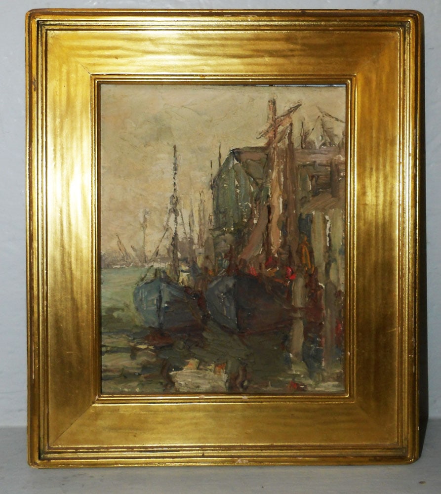 Framed Oil on Board Boat Dock Scene (1 of 5)