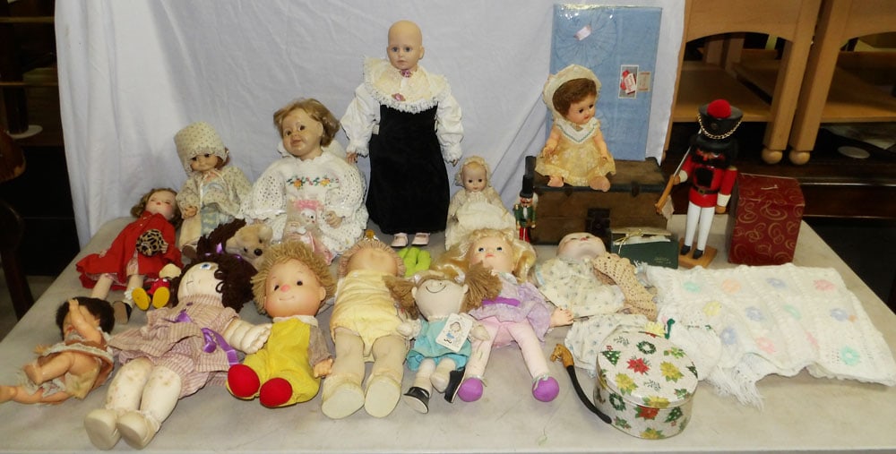 Lot of Dolls: Lot of Dolls . Up to 22" H 6" Dia. ALL DESCRIPTIONS AND ANY CONDITION STATEMENT GIVEN BY LANGSTON AUCTION GALLERY ARE STRICTLY OPINIONS AND LANGSTON'S SHALL HAVE NO RESPONSIBILITY FOR ERRORS OR OMISSI