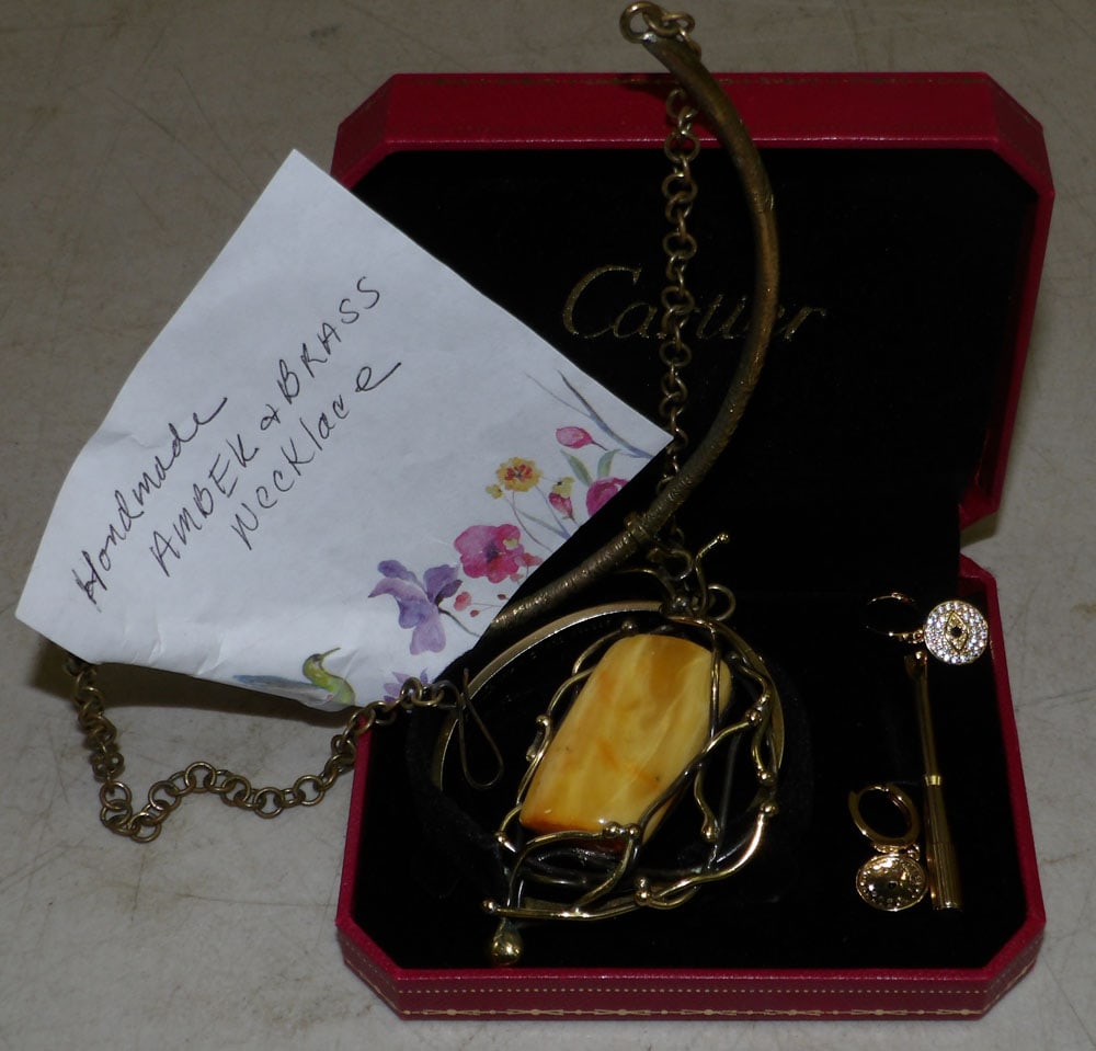 Amber & Brass Necklace & Other Costume Jewelry: Amber & Brass Necklace & Other Costume Jewelry. Up to 9" L ALL DESCRIPTIONS AND ANY CONDITION STATEMENT GIVEN BY LANGSTON AUCTION GALLERY ARE STRICTLY OPINIONS AND LANGSTON'S SHALL HAVE NO RESPONSIBIL