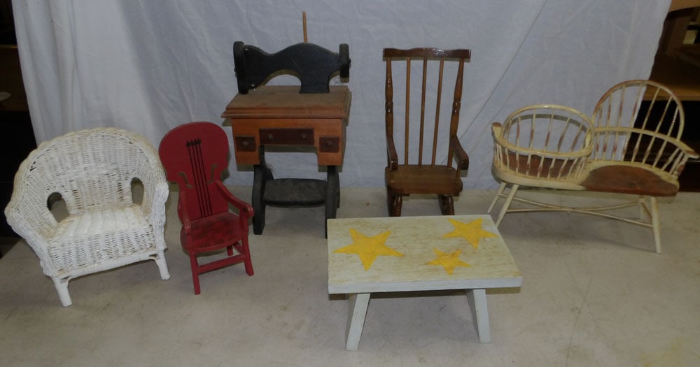 Lot of Doll Furniture: Lot of Doll Furniture . Up to 13" H 15 1/2" Dia. ALL DESCRIPTIONS AND ANY CONDITION STATEMENT GIVEN BY LANGSTON AUCTION GALLERY ARE STRICTLY OPINIONS AND LANGSTON'S SHALL HAVE NO RESPONSIBILITY FOR ER