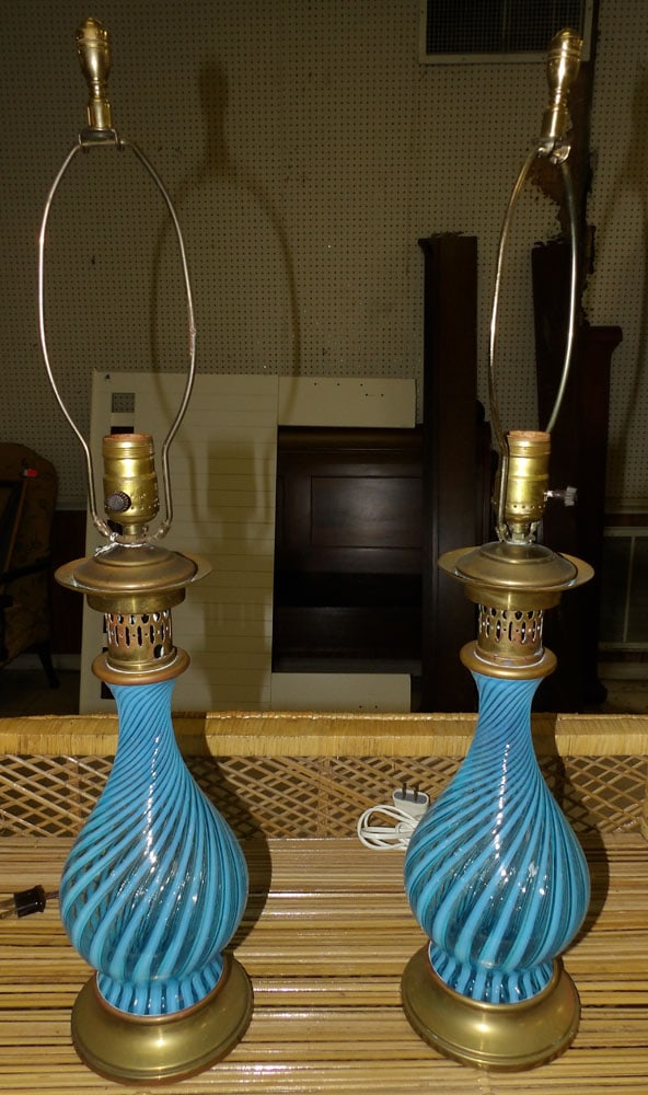 Pair of Art Glass Blue Opalescent Swirl Lamps: Pair of Art Glass Blue Opalescent Swirl Lamps . 26 1/2" H 5 1/2" Dia.