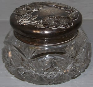 Antique Cut Glass Powder Jar with Sterling Lid
