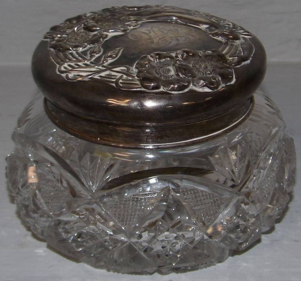 Antique Cut Glass Powder Jar with Sterling Lid: Antique Cut Glass Powder Jar with Sterling Lid. 3 1/2" H 5" Dia.