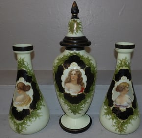 Antique Three Piece Bristol Glass Victorian Portrait Garniture Set