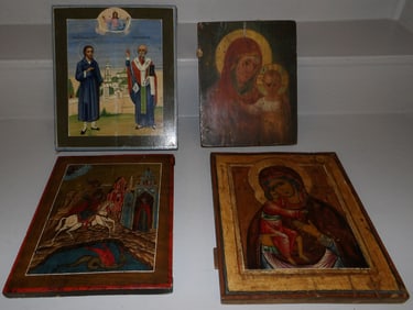 Lot of Four Hand Painted Wood Icons