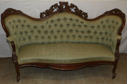 Carved Mahogany & Upholstered Victorian Style Sofa