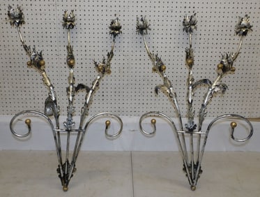 Pair of Large Ornate Gilded Metal & Brass Accent Three Light Sconces