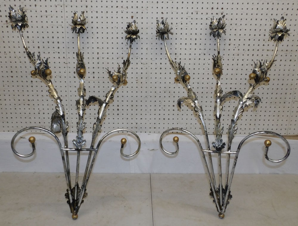 Pair of Large Ornate Gilded Metal & Brass Accent Three Light Sconces (1 of 8)