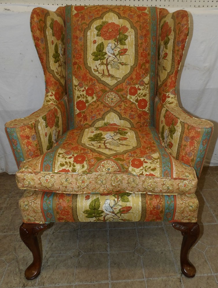 Carved Mahogany & Bird Motif Upholstered Wing Back Chair: Carved Mahogany & Bird Motif Upholstered Wing Back Chair . 43" H 32" W 32" D